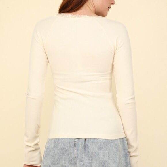 I-03 Deep V-Neck Fitted Knit Top w/ Lace Trim Detail Cream - Picture 2 of 3